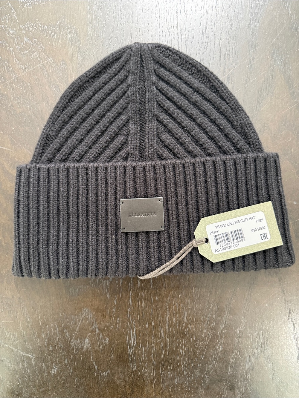 All Saints Charcoal Ribbed Cuff Beanie with Logo Plate